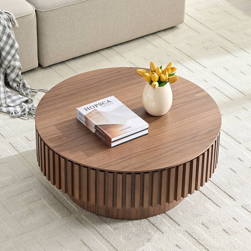 31.5" Round Wood Coffee Table with Storage, Modern Handcraft Drum Coffee Table, Stylish Circle Wooden Center Table