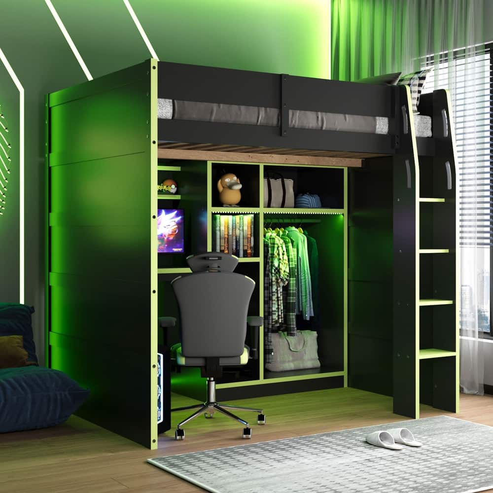 Full Size Loft Bed with Desk, RGB Lighting, Open Wardrobe, and Ample Storage