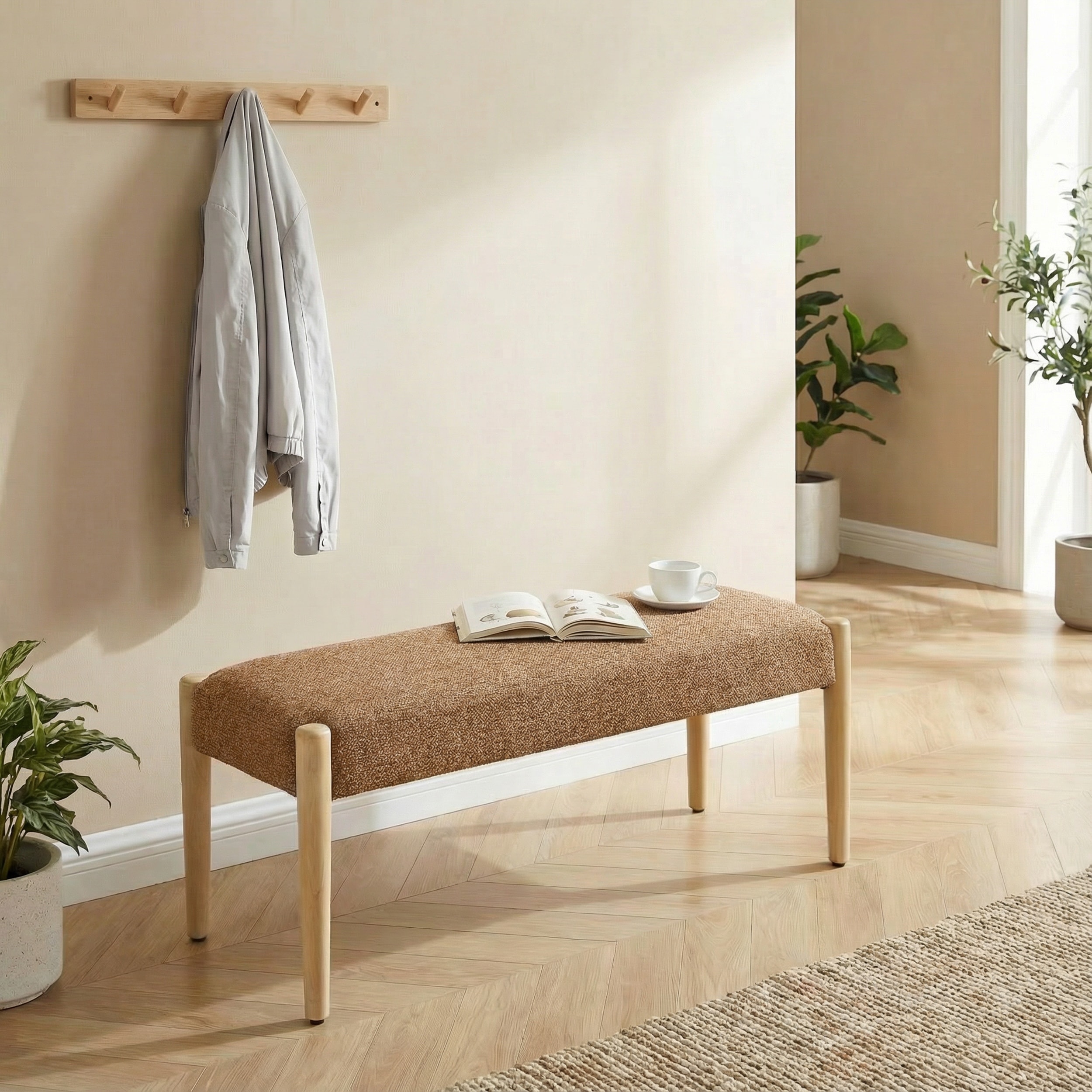 Upholstered Solid Wood Bench for Entryway, Living Room & Bedroom