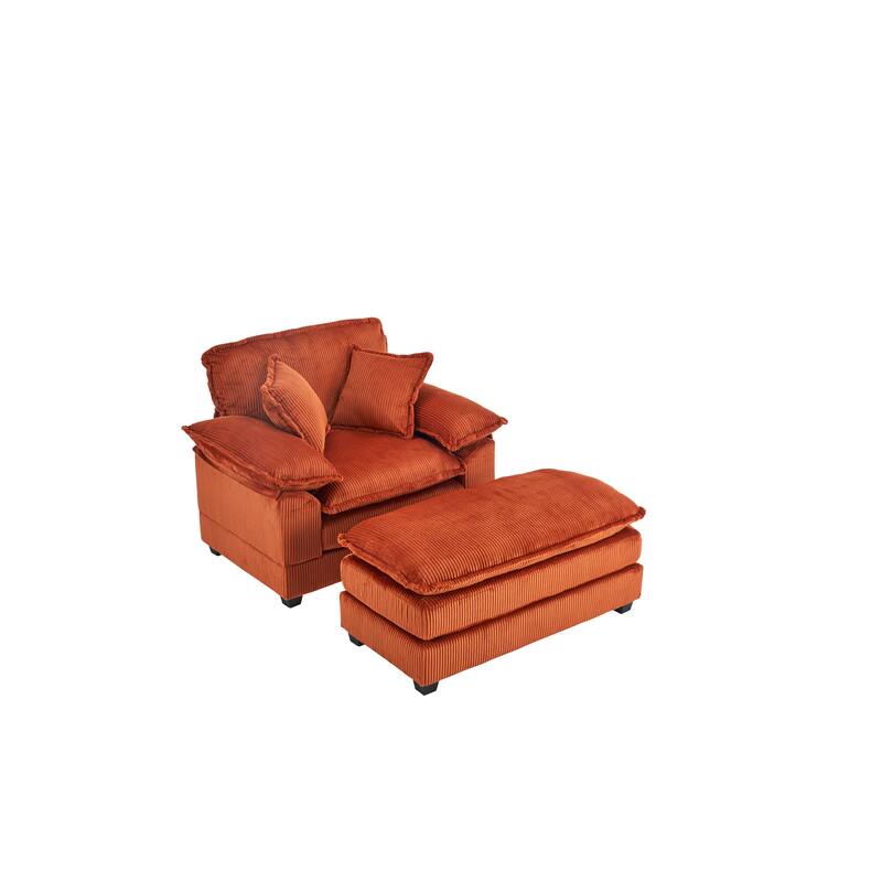 Corduroy Single Sofa Sets with Ottoman and 2 Toss Pillows, Deep Seat Design