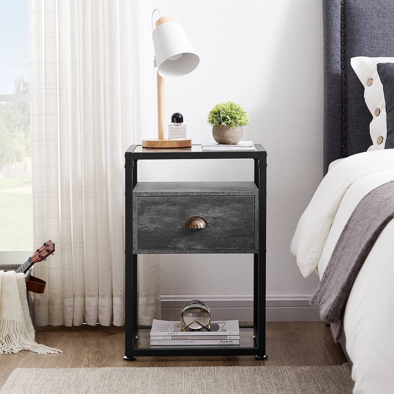 Javlergo Set of 2 Tempered Glass Nightstand with 1-Drawer and Open Shelf
