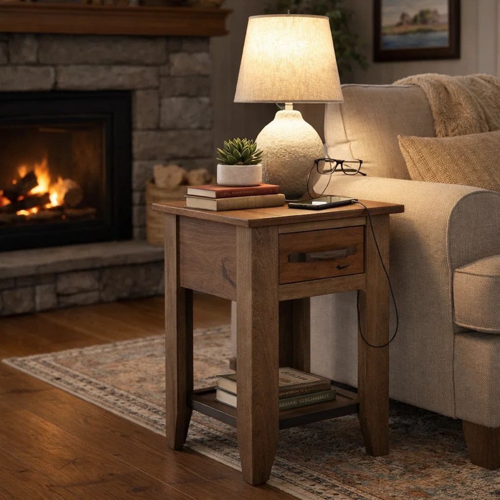 Tacey Chairside Table, 1 Drawer, 1 Shelf, Peanut Brown Wood, 18 Inch