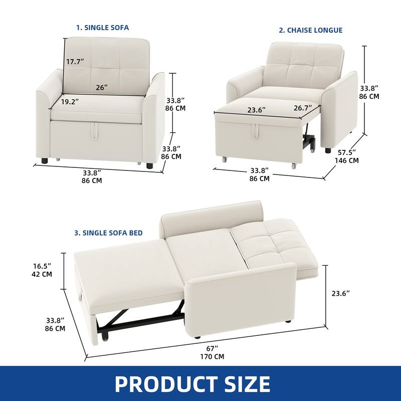 Moasis 3-in-1 Adjustable Sleeper Sofa Bed, Pull Out Chair Sofa for Living Room