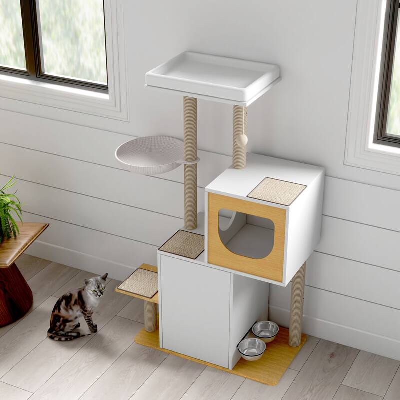 Wood Cat Tree Tower with Scratching Pads and Large Storage Space, Industrial Cat Cabinet with Shelves and Doors