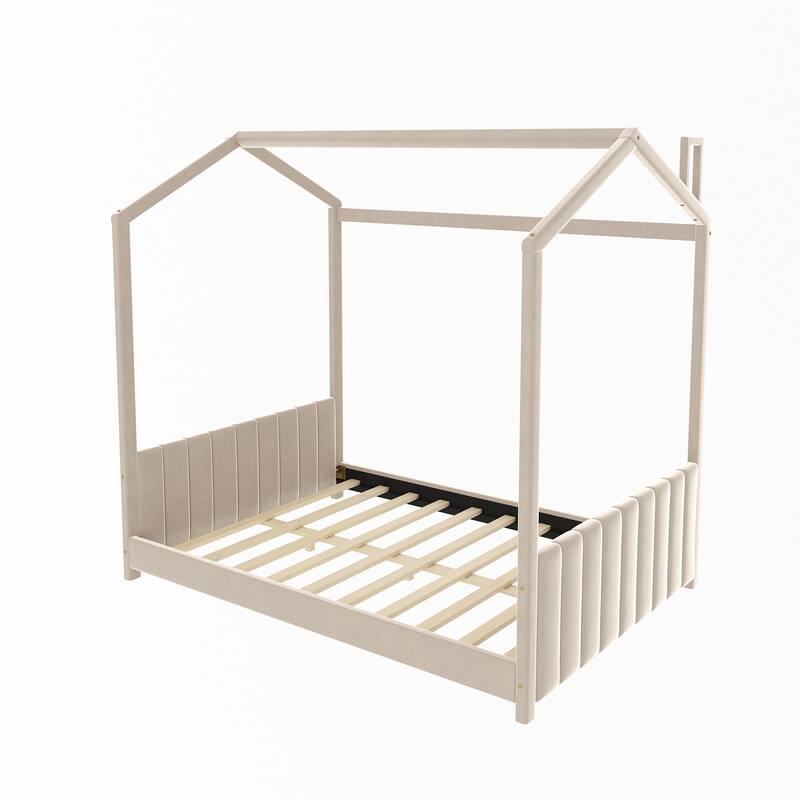 Twin/Full Size Velvet Upholstered House Bed for Kids with Roof Design, Playful and Cozy, Easy Assembly