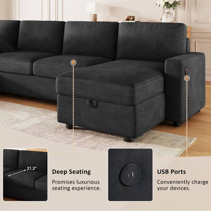 103.9" Sectional Sofa Convertible Sectional Sofa, U-shaped Sofa with Two Storage Chaise Lounges and Four USB Ports