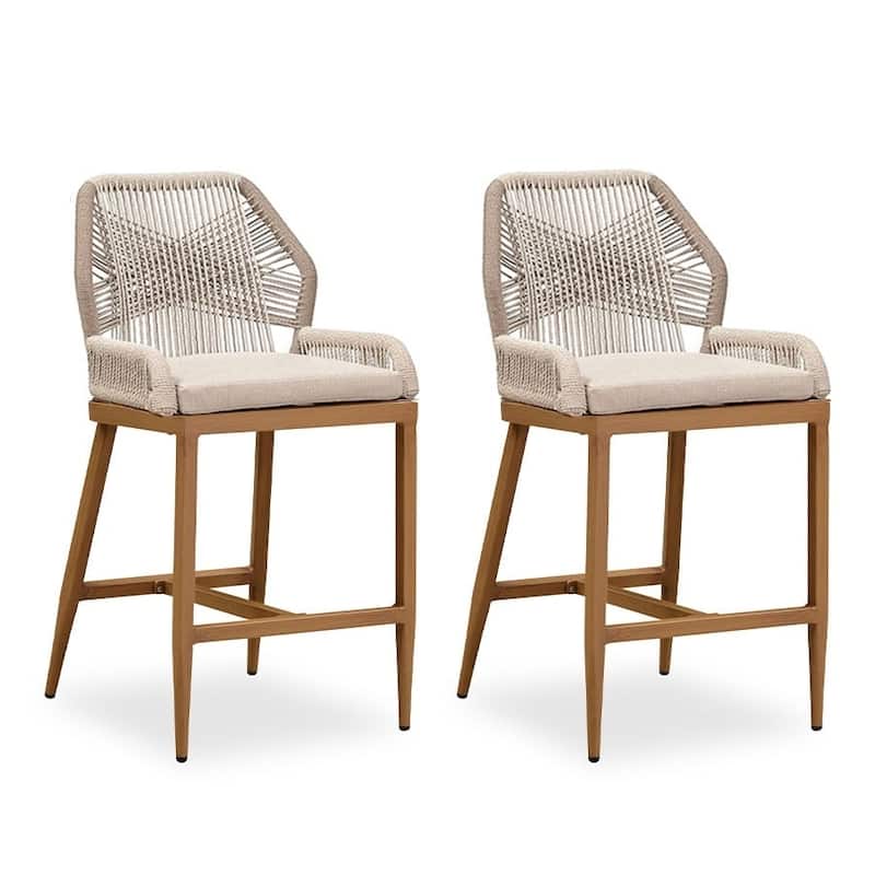 PURPLE LEAF 2 Set Outdoor Bar Stool Chair Set, Modern Counter Height Stool, Cushion Included - Teak -Twill(39.56'H)