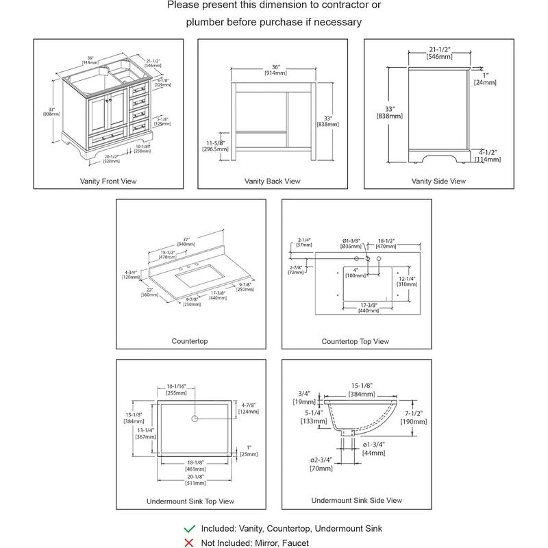 Blossom Copenhagen 36" Solid Wood Bathroom Vanity w/ Marble Top & Sink