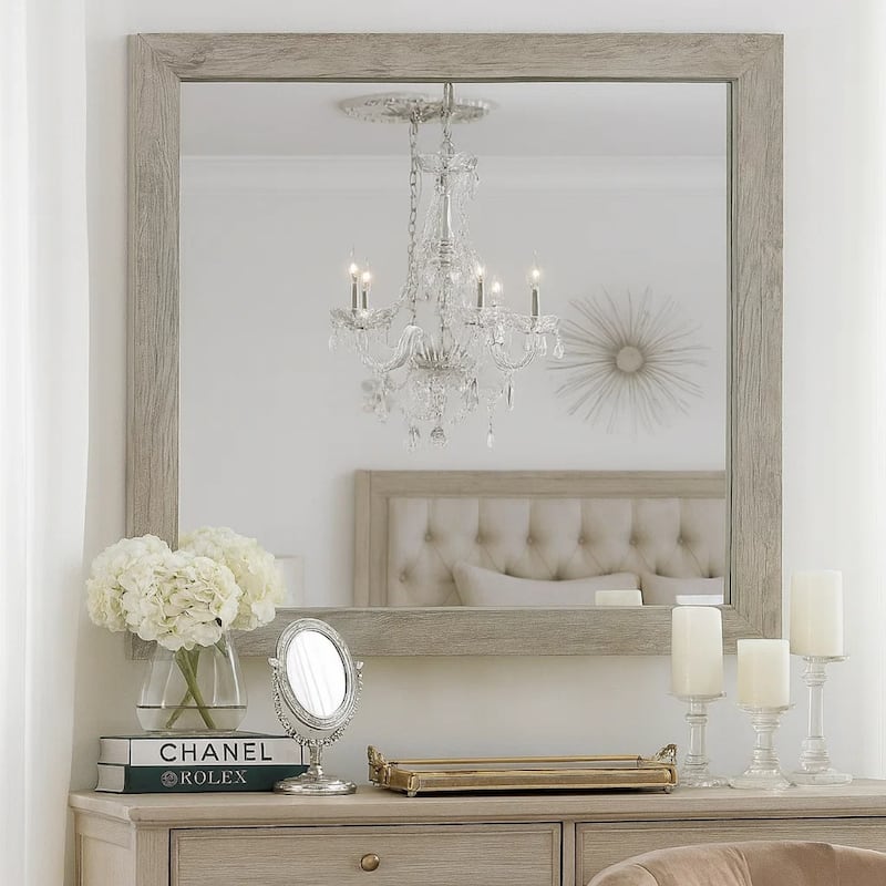 Zane 39 Inch Transitional Mirror, Square Wood Frame, Weathered Gray Veneer