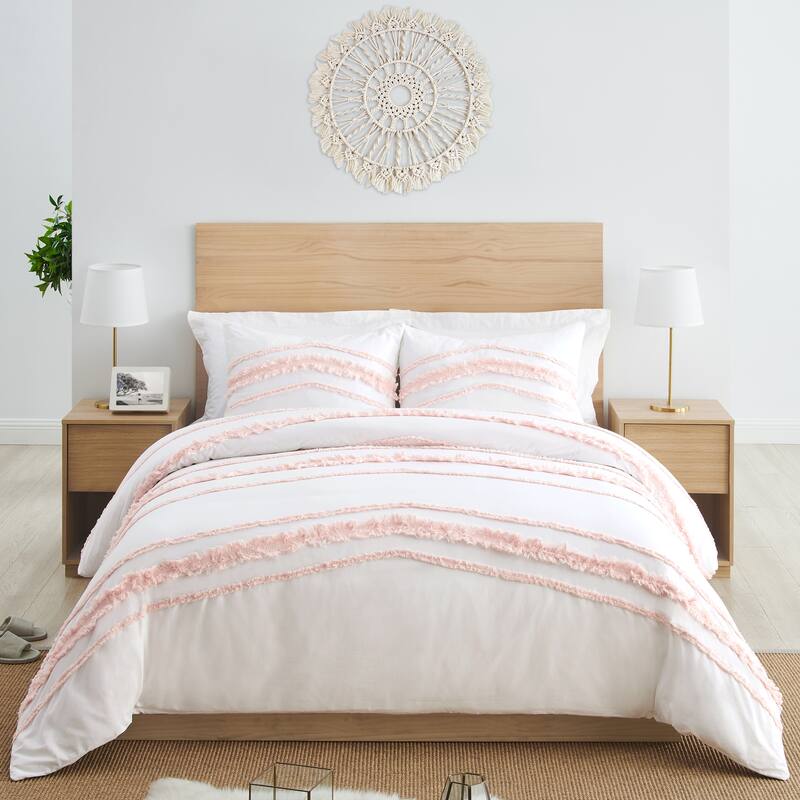 Sweet Jojo Designs Bohemian Boho Chic Twin Duvet Cover Bedding Set Pink Ivory Farmhouse Textured Minimalist Macrame Tuft Fringe
