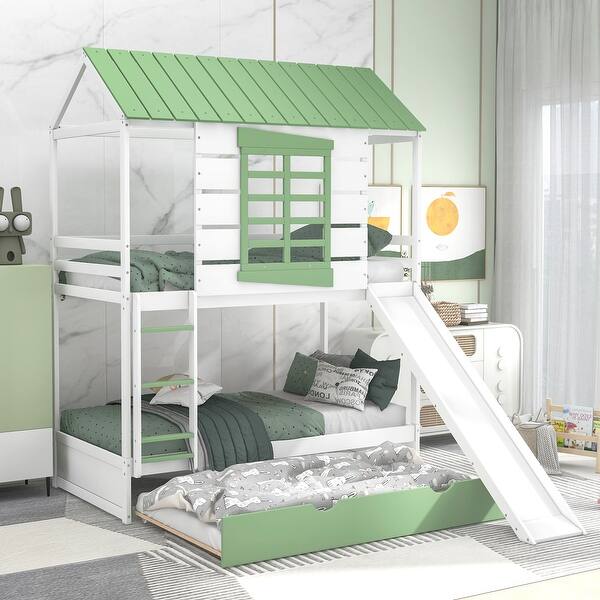 slide 2 of 15, Luxuriant Twin over Twin Size Wooden House Bunk Kids Bed with Roof,Window,Convertible Slide and Trundle White+Green