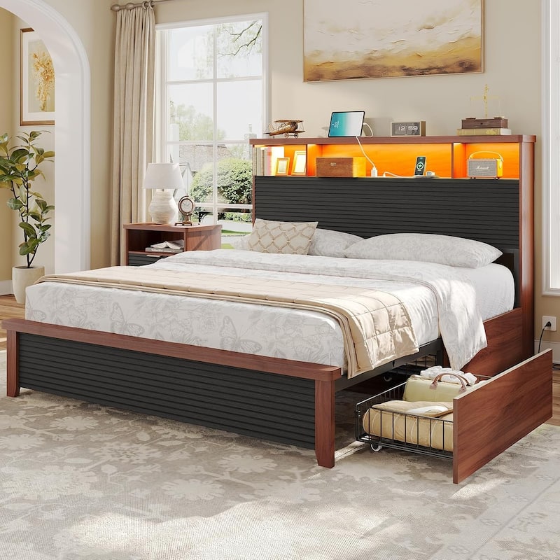 Bed Frames 4 Storage Drawers Storage Headboard Charging Station Metal Slats - Brown - Queen