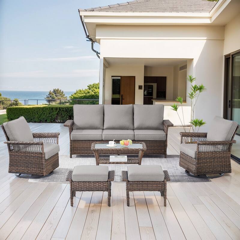 Outdoor Glider Chair with Soft Cushion - Brwon Wicker Grey Cushion - 6PCS Sofa Chairs Ottoman with Table