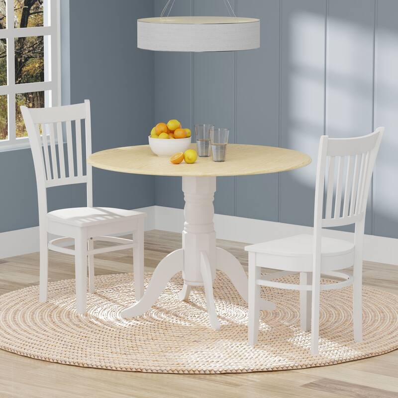 3-Piece Dining Set, 42" Round Drop-Leaf Table and Spindle Chairs - White/Natural Table + White Chairs