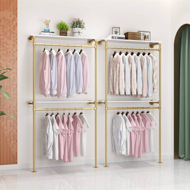 Gold Pipe Clothing Racks with 2 Tier Shelves