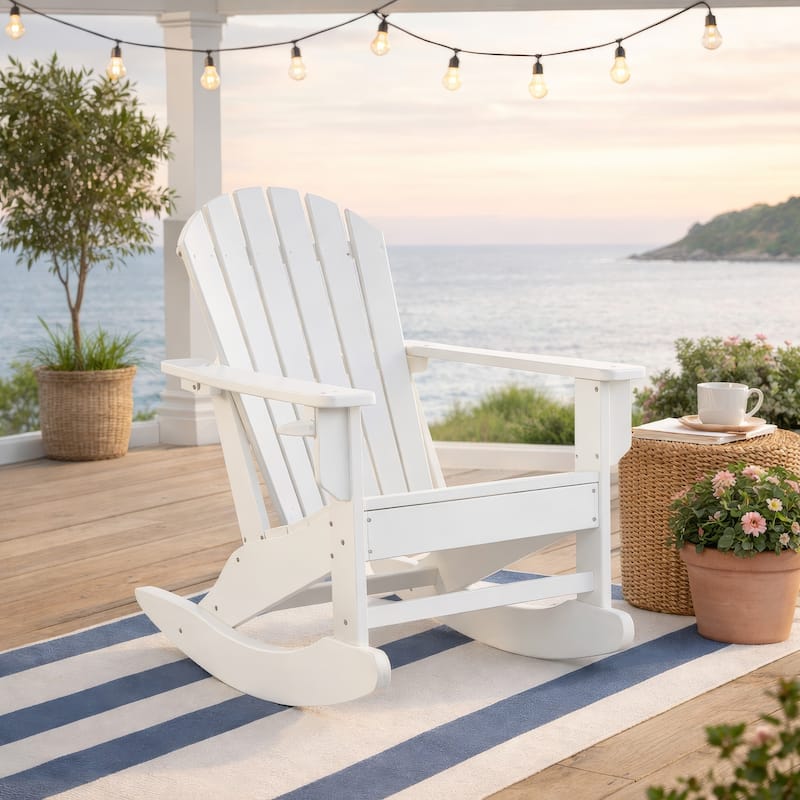 Sami 35 Inch Outdoor Rocking Chair, Slatted Design, Modern White Finish