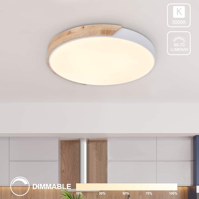 Modern Dimmable Round Wood Dome Integrated LED 3000K Flush Mount Ceiling Light - 11.8 in. -30CM
