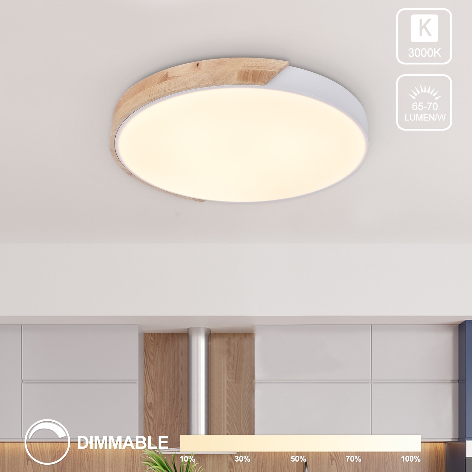 Rennnsan Modern Dimmable Round Wood Dome Integrated LED 3000K Flush Mount Ceiling Light
