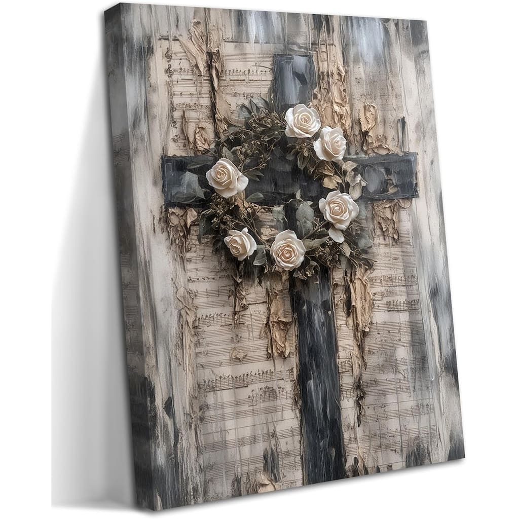 Vintage Cross Christian Wall Art, White Rose Wreath Canvas Paintings