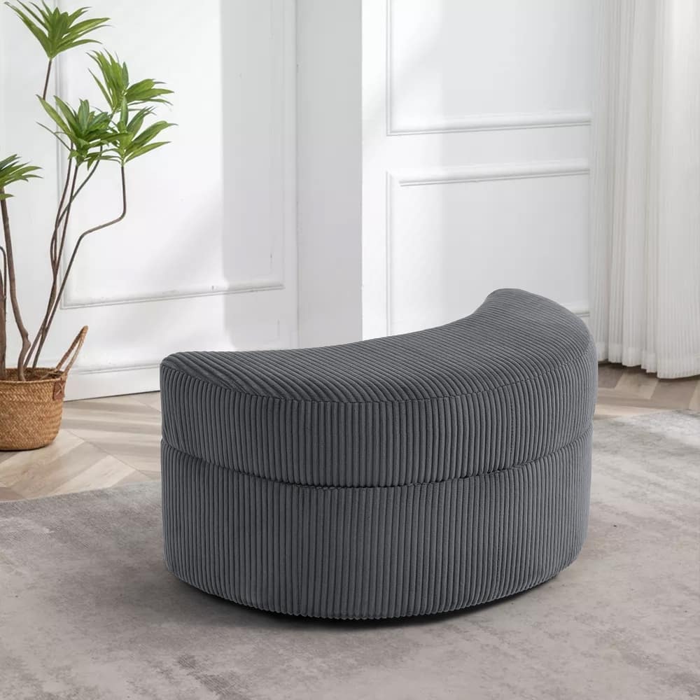 Upholstered Chenille Boucle Half Moon Storage Ottoman with Tray
