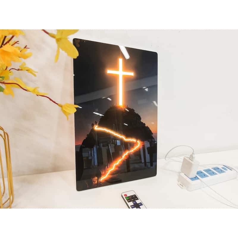Christian Cross LED Wall Art - Acrylic UV Printed Light Up Religious Picture with Remote Control