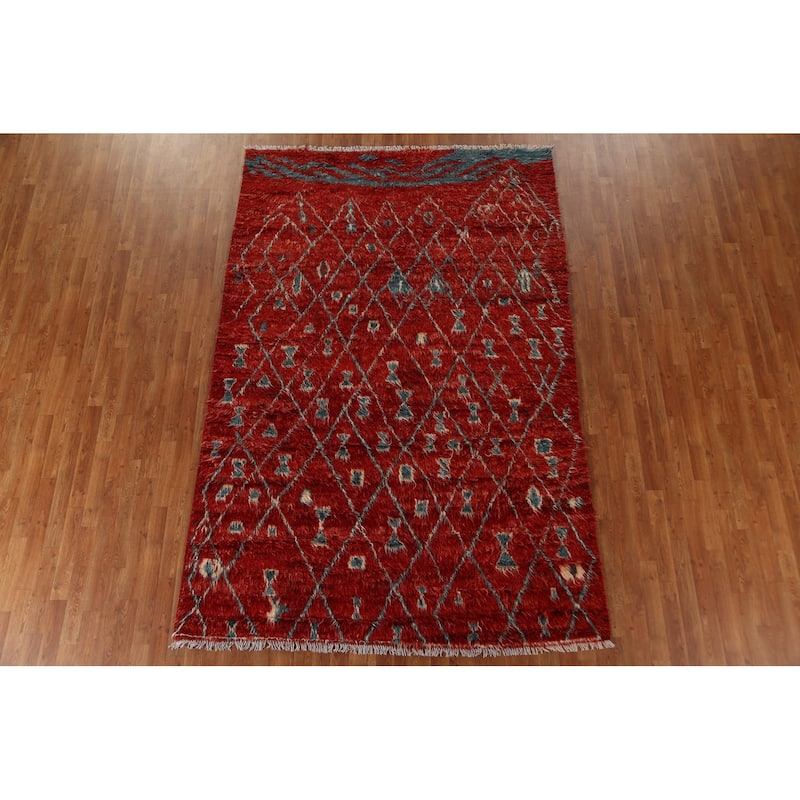 Hand Knotted Oriental 100% Wool Carpet Modern Tribal Red Moroccan Area Rug - 9' 9'' X 6' 5''