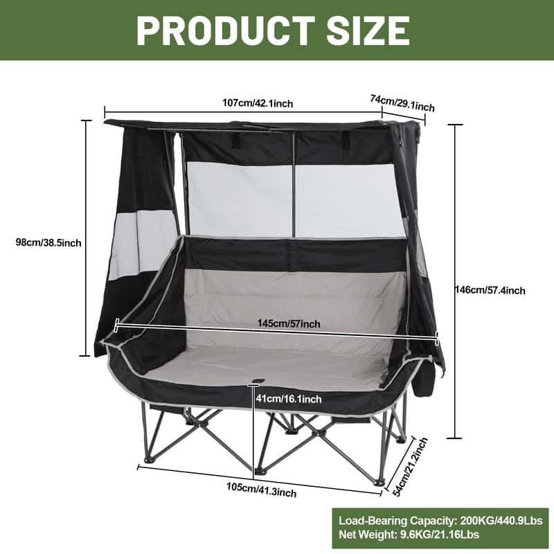 Double Folding Camping Loveseat with Canopy, Cooler, Cup Holders & Storage for Outdoor Activities