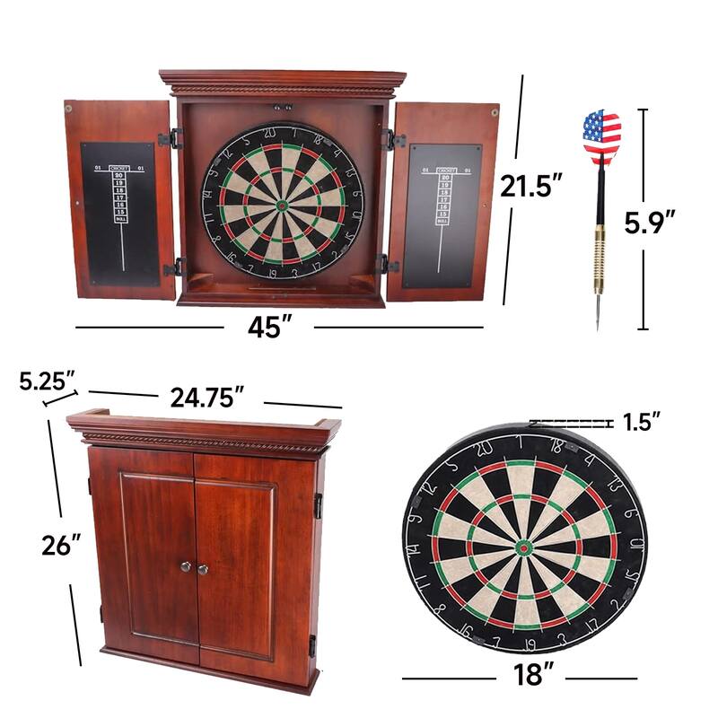 GSE™ Premium Solid Wood Dart Board Cabinet Set with Sisal/Bristle Dartboard and 6 Steel Tip Darts