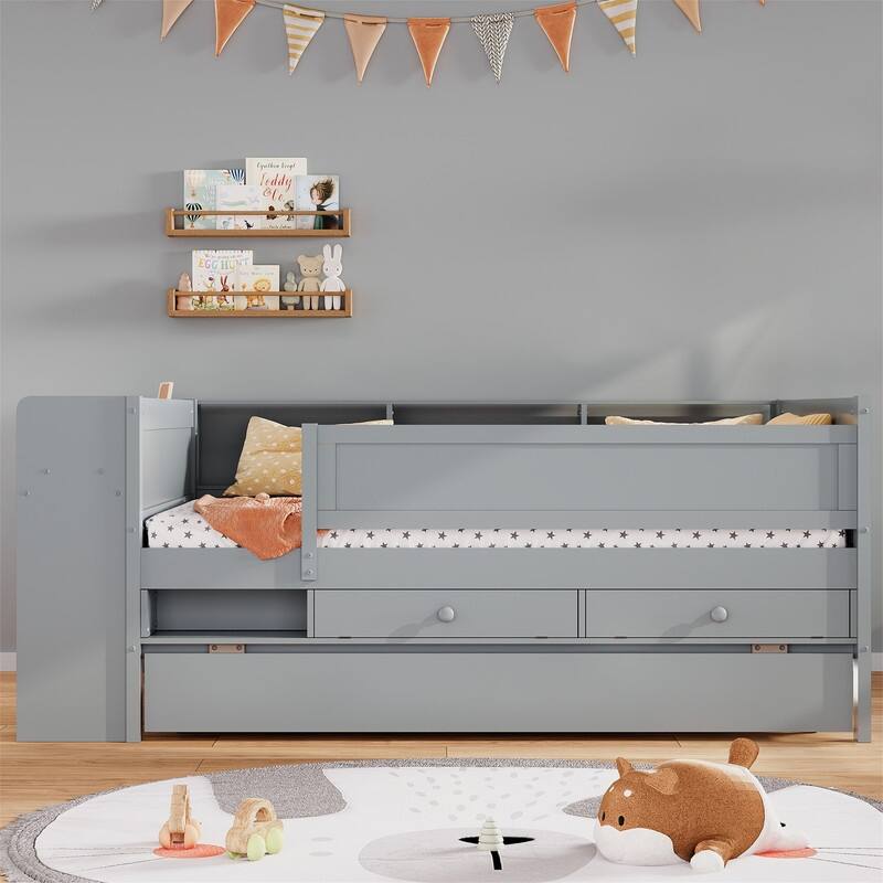 Multi-Functional Twin Size Daybed with 2 Drawers and Twin Size Trundle, Wooden Sofa Bed Frame w/ Headboard Storage & Study Desk