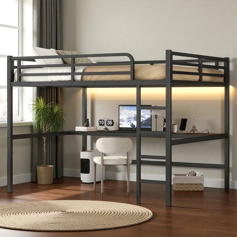 Metal Queen Size Loft Bed with Desk, Power Outlet & LED Lights, Space-Saving Noise-Free Frame with Guardrails - Black - Queen