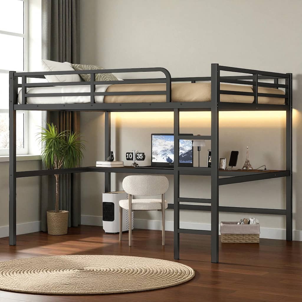Metal Queen Size Loft Bed with Desk, Power Outlet & LED Lights, Space-Saving Noise-Free Frame with Guardrails