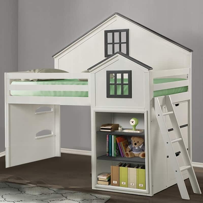 Wooden Twin Loft Bed with Storage in Gray and White