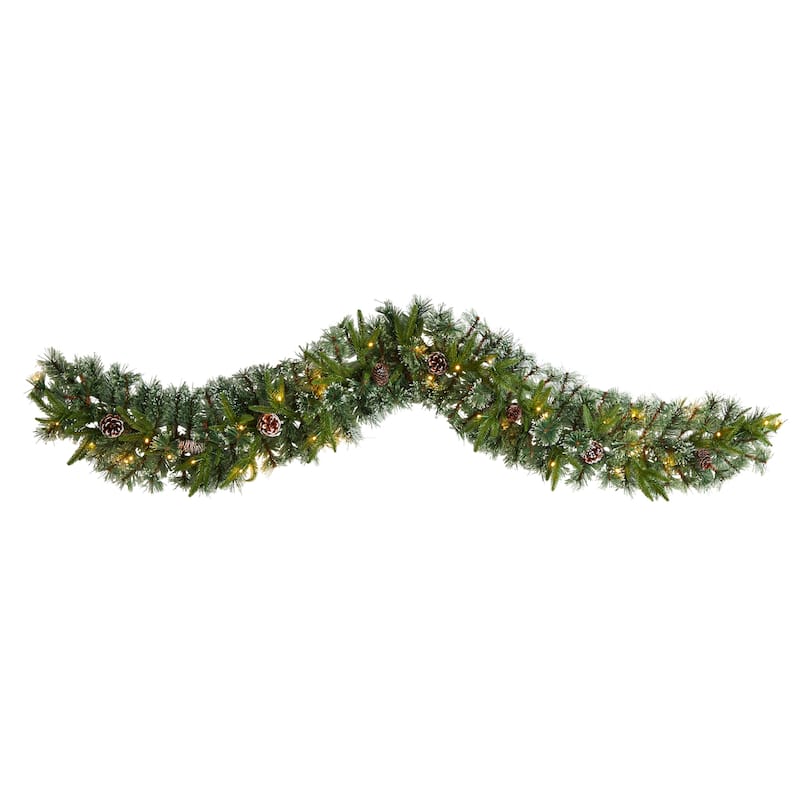 6' Snow Tipped Christmas Artificial Garland with 35 Clear LED Lights and Pine Cones - 72
