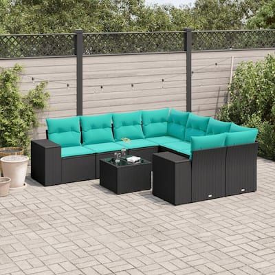 vidaXL 9 Piece Patio Sofa Set with Cushions Black Poly Rattan - 21.7 x 24.4 x 27.2