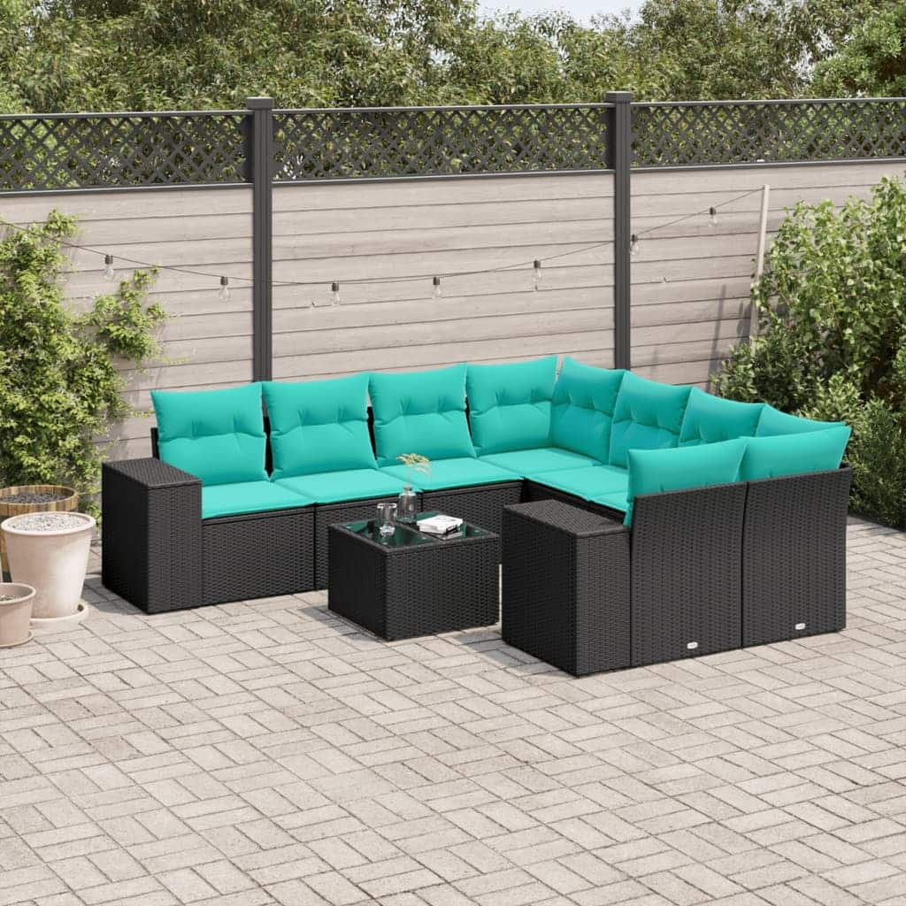 vidaXL 9 Piece Patio Sofa Set with Cushions Black Poly Rattan - 21.7 x 24.4 x 27.2