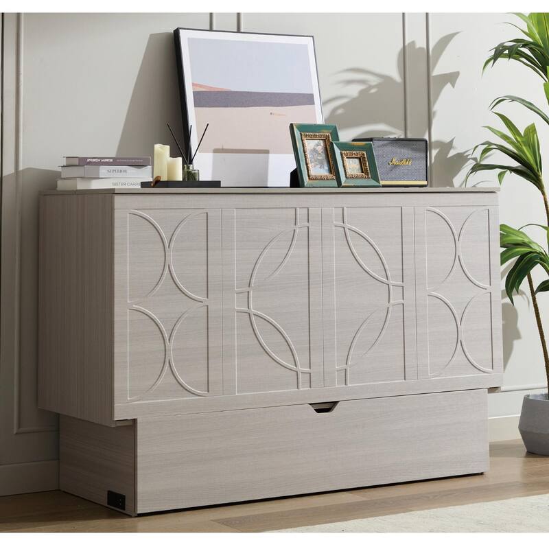 Cabinet Bed with Storage,Folding Foam Mattress& Oversized Drawers,Space-Saving Folding Murphy Bed,Set of Sockets & USB Ports - Grey