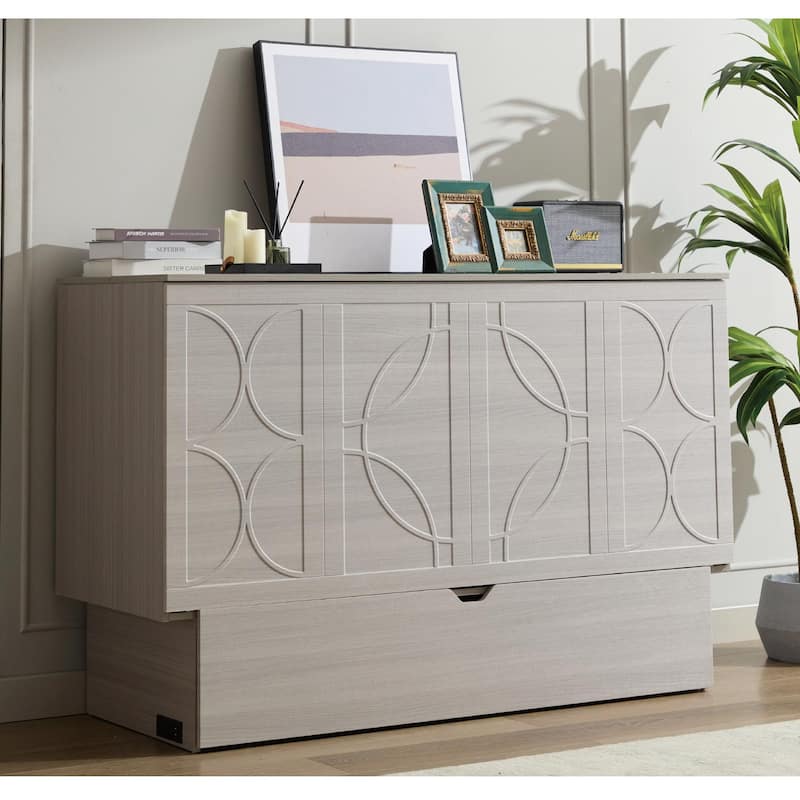 Queen Size Murphy Bed Cabinet with Storage Drawer, Folding Foam Mattress, USB & AC Charging Ports, and Smooth Glide Mechanism