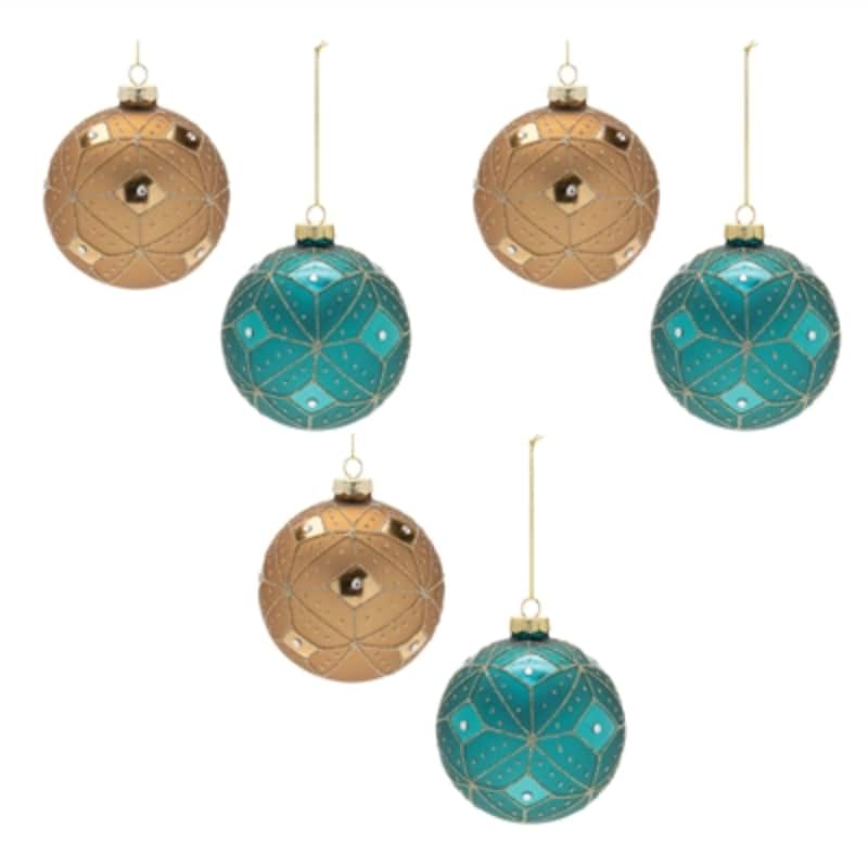 Geometric Glittered Glass Christmas Ball Ornaments - 4" (100mm) - Teal Blue and Gold - 6ct