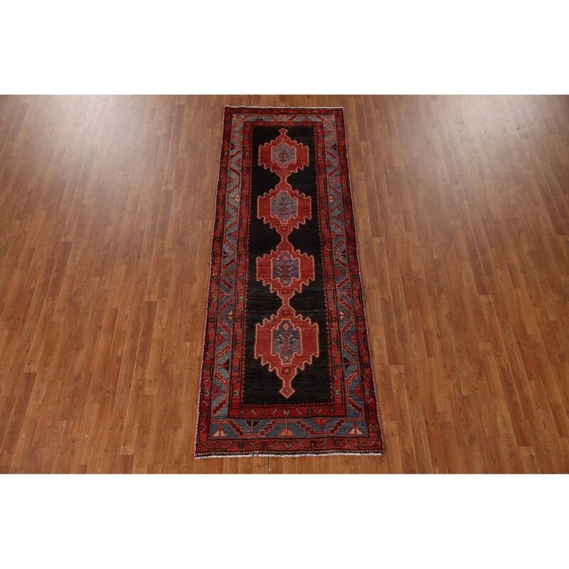 Geometric Hamedan Persian Vintage Runner Rug Hand-Knotted Wool Carpet - 3'5"x 9'9"