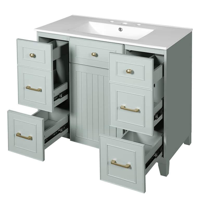 36" Green Bathroom Vanity with Ceramic Sink, Soft-Close Doors, Two Double-Layer & Two Standard Drawers, Adjustable Shelf‌