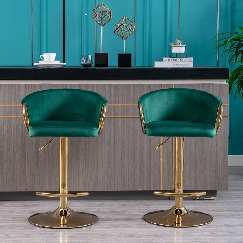 2 Velvet Bar Stools with Chrome Footrest and Base Swivel Height Adjustable - N/A