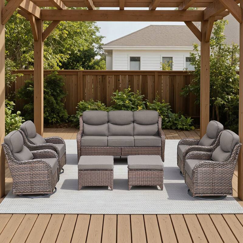 Arcadia 7-Piece Wicker Patio Conversation Set with Swivel Gliders and 6-Inch Thick Olefin Cushions - Gray Cushions - Brown Wicker