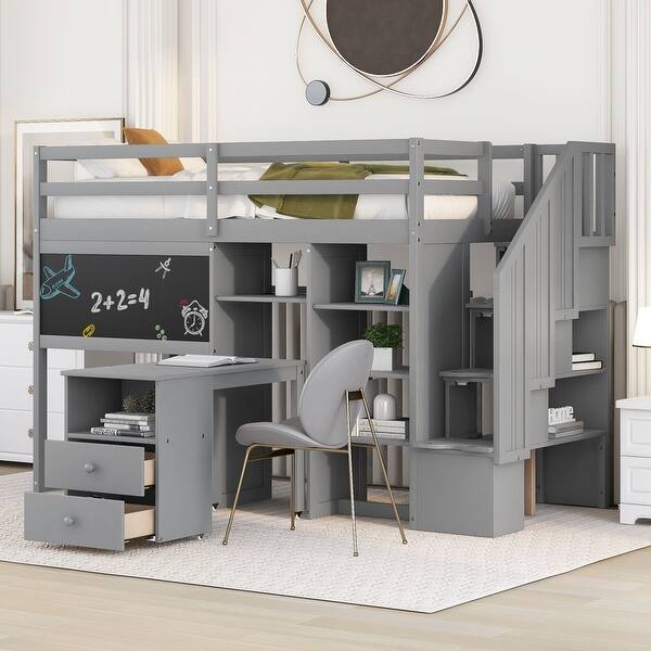 slide 2 of 12, Twin Size Loft Bed with Pullable Desk, Shelves, and Staircase Gray