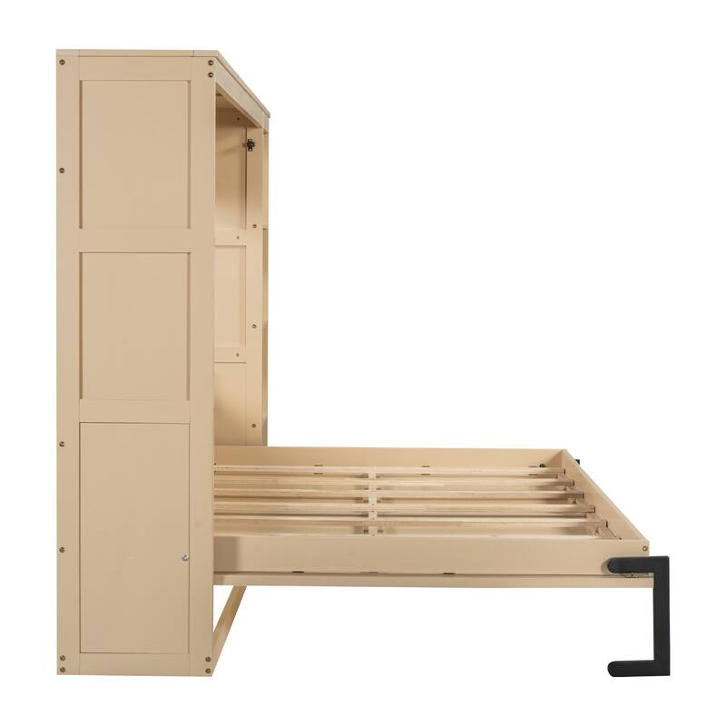 Space-Saving Full Size Murphy Bed with Bookshelf and Storage, Natural
