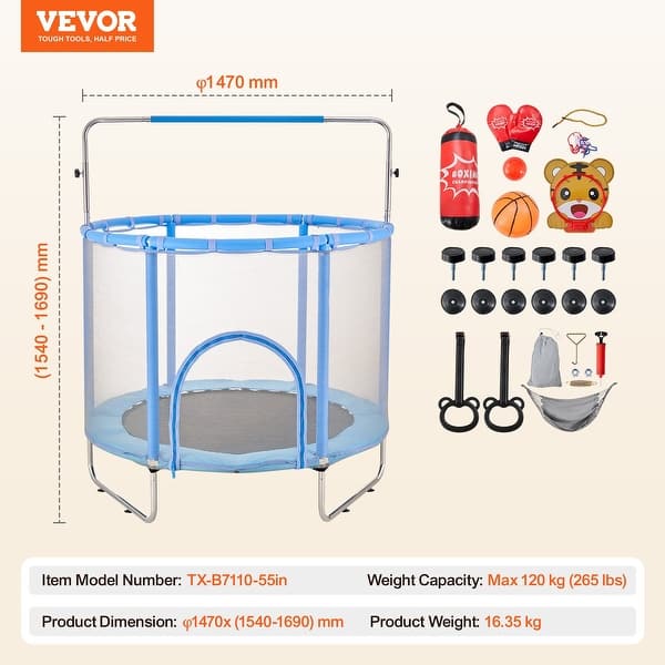 dimension image slide 1 of 2, 55" Kids Trampoline with Safety Net and 3 Adjustable Heights Ideal for Indoors or Outdoors