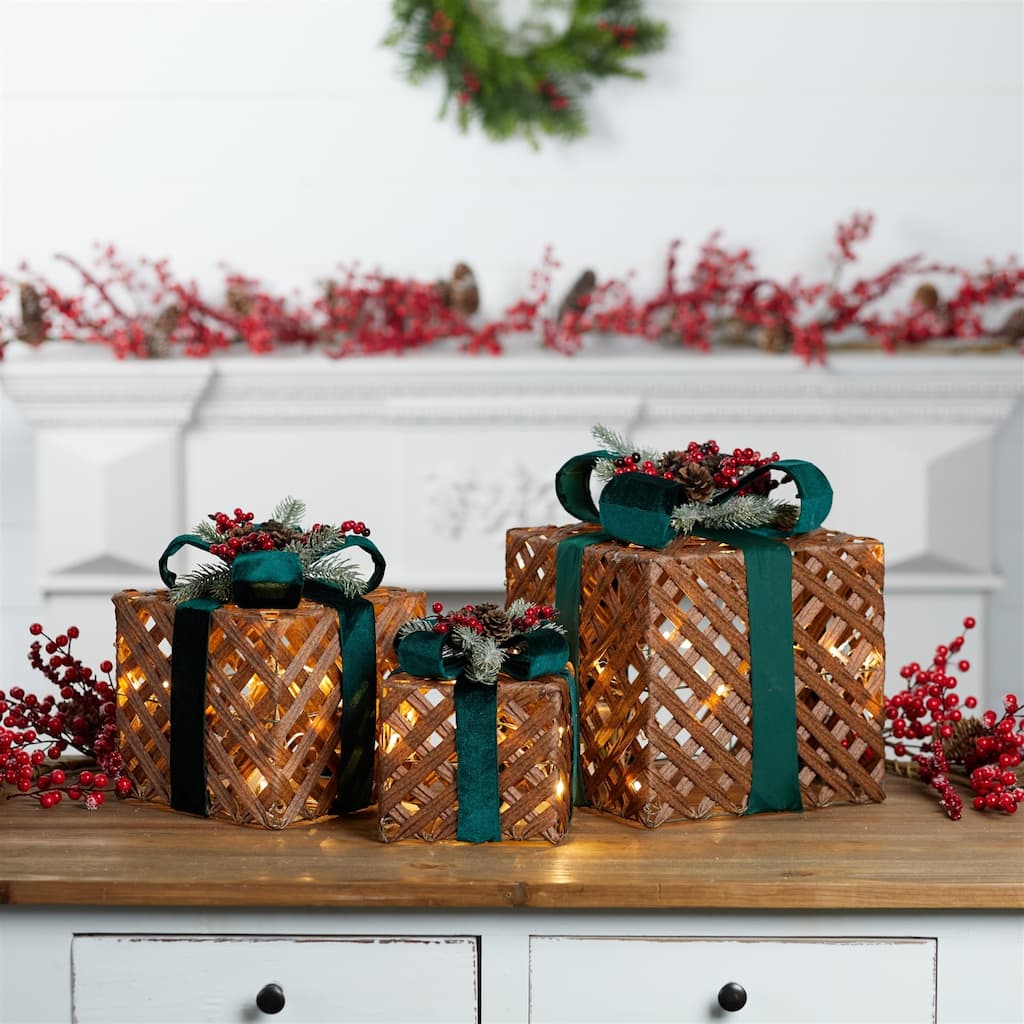 LED Lighted Woven Present with Bow Christmas Decorations - 13" - Set of 3