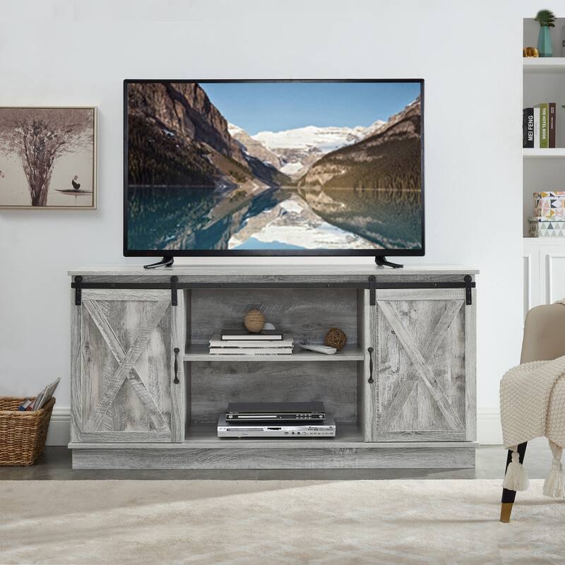 Farmhouse Rustic Wooden 60" TV Stand with Storage Console Cabinet, Sliding Barn Doors Entertainment Center