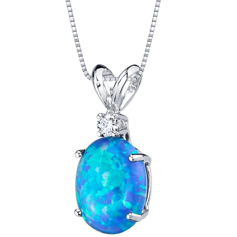 14k White Gold Gold Oval Shape Created Blue Opal Diamond Pendant