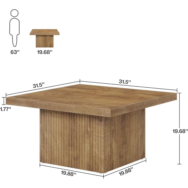 31.5 Brown Wood Square Coffee Table, Large Fluted Coffee Table for Living Room