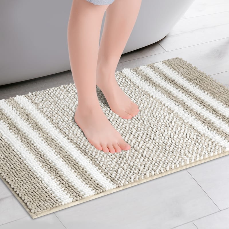 Striped Chenille Bathroom Rug with Edges, Non-Slip Bathroom Floor Mat - Khaki - 16" x 24"